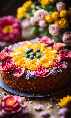 Granola cake with fresh berries and oat flakes selective focus, Beautiful Colorful Feminine Cake