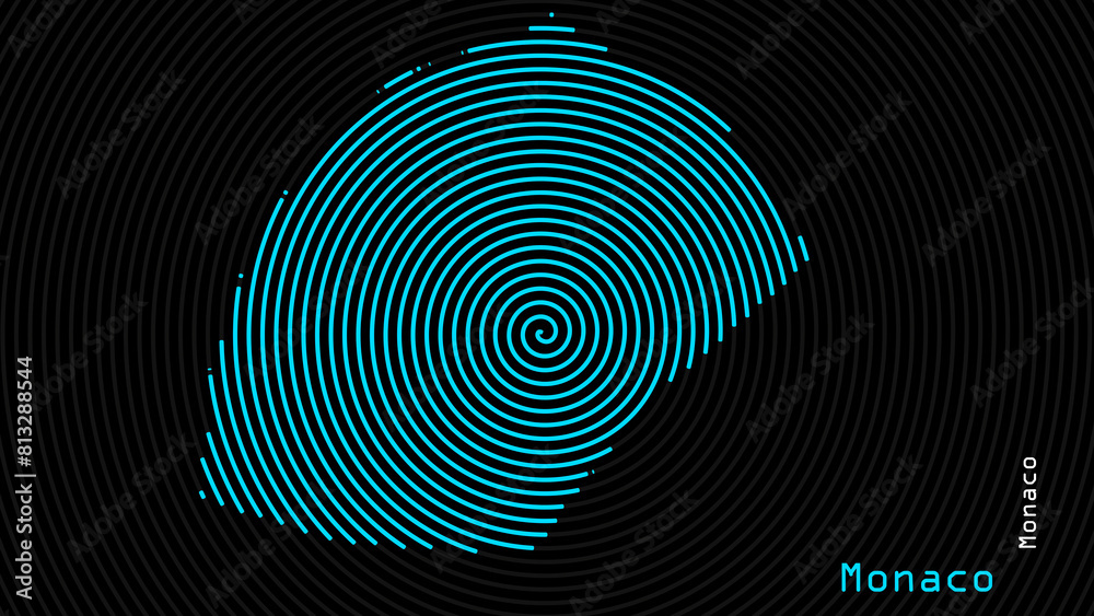 A map of Monaco, with a dark background and the country's outline in the shape of a colored spiral, centered around the capital. A simple sketch of the country. A map of Monaco, with a dark background and the country's outline in the shape of a colored spiral, centered around the capital. A simple sketch of the country.