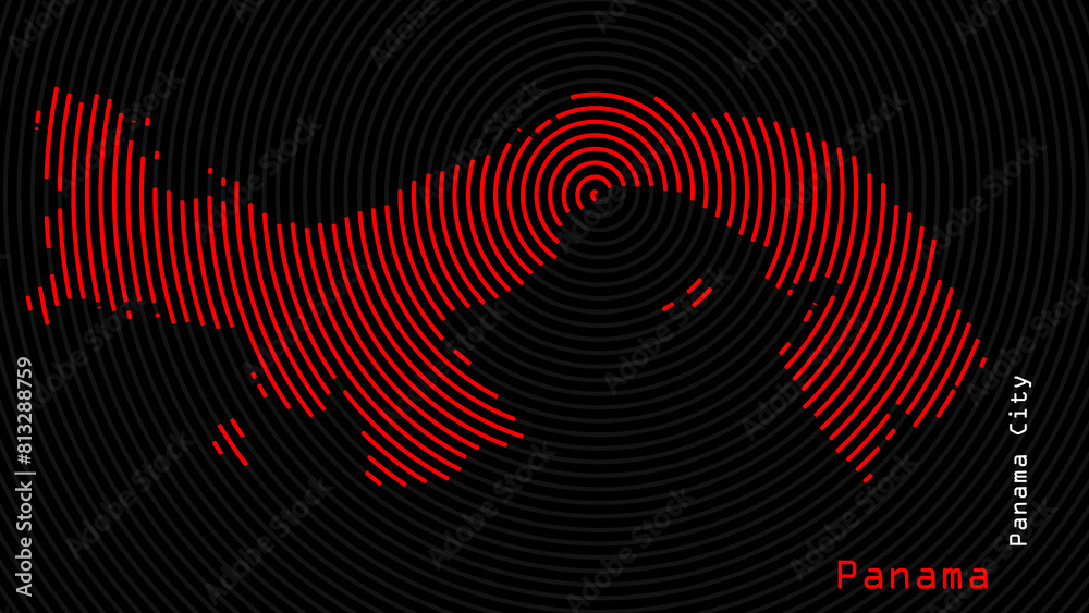 A map of Panama, with a dark background and the country's outline in the shape of a colored spiral, centered around the capital. A simple sketch of the country. A map of Panama, with a dark background and the country's outline in the shape of a colored spiral, centered around the capital. A simple sketch of the country.