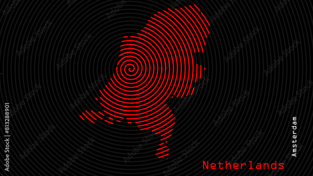 A map of Netherlands, with a dark background and the country's outline in the shape of a colored spiral, centered around the capital. A simple sketch of the country. A map of Netherlands, with a dark background and the country's outline in the shape of a colored spiral, centered around the capital. A simple sketch of the country.
