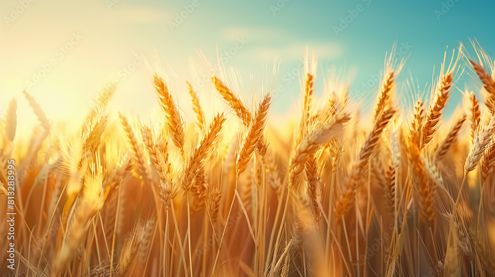 Close up wheat field at golden hour, bathed in warm sunlight, whole grain field. Generative AI Close up wheat field at golden hour, bathed in warm sunlight, whole grain field. Generative AI