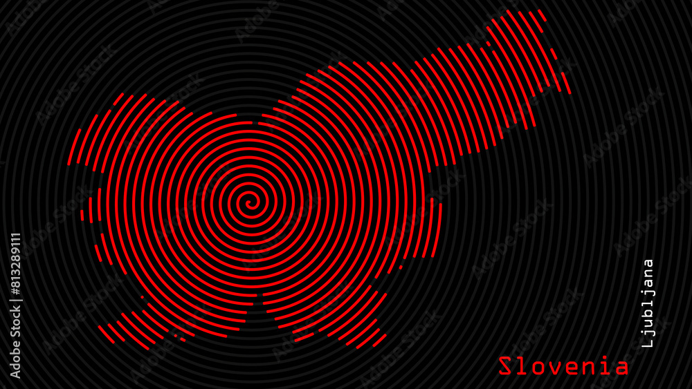A map of Slovenia, with a dark background and the country's outline in the shape of a colored spiral, centered around the capital. A simple sketch of the country. A map of Slovenia, with a dark background and the country's outline in the shape of a colored spiral, centered around the capital. A simple sketch of the country.