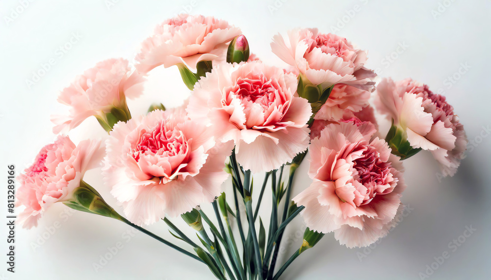 Bouquet of pink carnations on simple white background