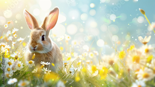 Adorable brown rabbit peering through a field of white and yellow flowers under a bright, sunny sky.