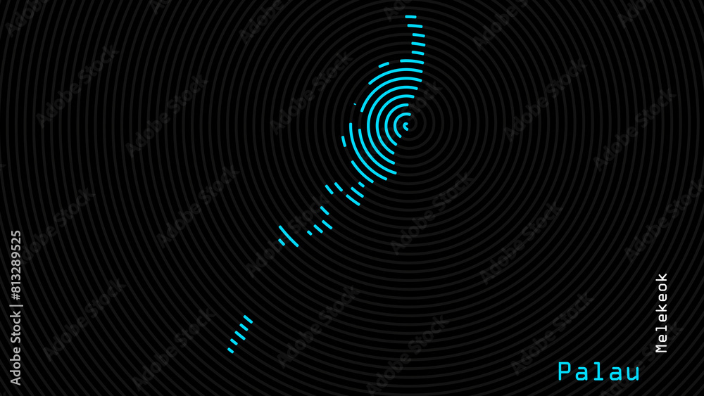 A map of Palau, with a dark background and the country's outline in the shape of a colored spiral, centered around the capital. A simple sketch of the country. A map of Palau, with a dark background and the country's outline in the shape of a colored spiral, centered around the capital. A simple sketch of the country.