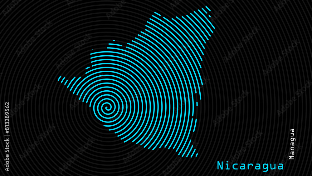 A map of Nicaragua, with a dark background and the country's outline in the shape of a colored spiral, centered around the capital. A simple sketch of the country. A map of Nicaragua, with a dark background and the country's outline in the shape of a colored spiral, centered around the capital. A simple sketch of the country.
