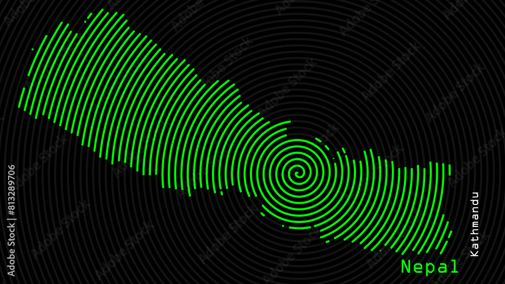 A map of Nepal, with a dark background and the country's outline in the shape of a colored spiral, centered around the capital. A simple sketch of the country. A map of Nepal, with a dark background and the country's outline in the shape of a colored spiral, centered around the capital. A simple sketch of the country.