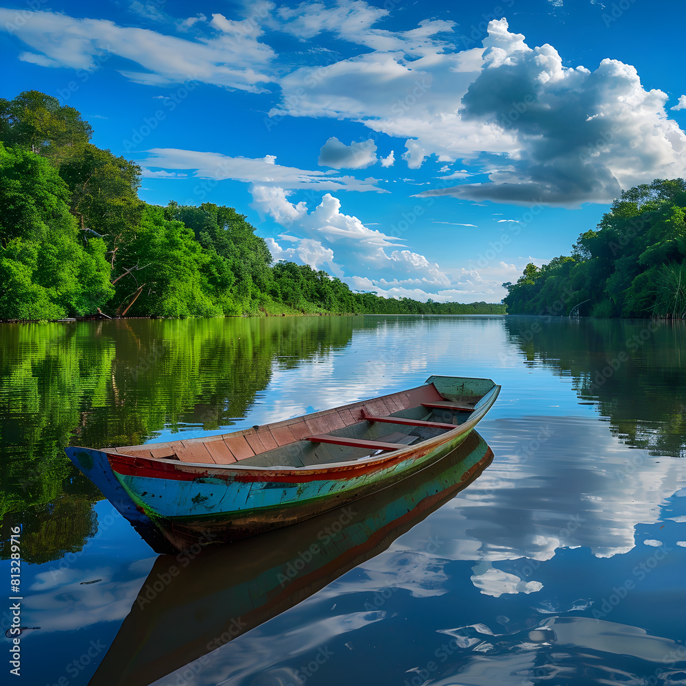 Peaceful Serenity: A Wooden Boat Floating on a Mirror-Like River Under a Clear Blue Sky
