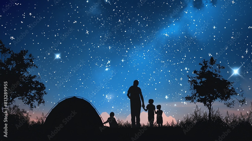 The image is a beautiful landscape of a family camping under the stars. The family is standing outside their tent, looking up at the night sky.