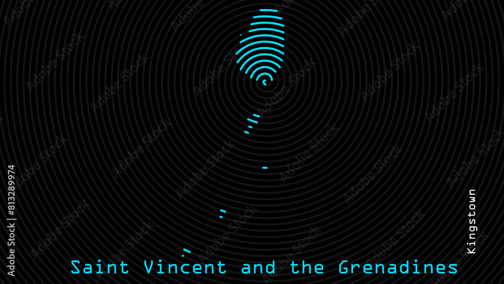 A map of Saint Vincent and the Grenadines, with a dark background and the country's outline in the shape of a colored spiral, centered around the capital. A simple sketch of the country. A map of Saint Vincent and the Grenadines, with a dark background and the country's outline in the shape of a colored spiral, centered around the capital. A simple sketch of the country.
