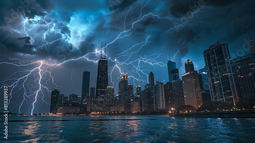 A dramatic cityscape of a thunderstorm over a major city. The dark clouds and bright lightning bolts create a powerful and awe-inspiring scene.