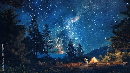 Under a blanket of stars  two friends sit by a campfire  their tent pitched nearby.