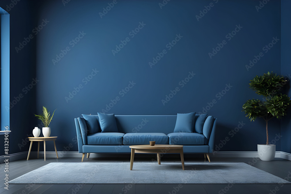 Obraz premium Interior of light room with sofa on empty dark blue wall background,3D rendering