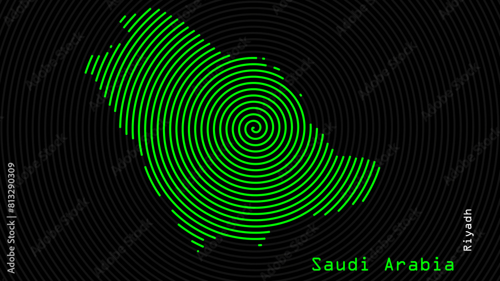 A map of Saudi Arabia, with a dark background and the country's outline in the shape of a colored spiral, centered around the capital. A simple sketch of the country. A map of Saudi Arabia, with a dark background and the country's outline in the shape of a colored spiral, centered around the capital. A simple sketch of the country.