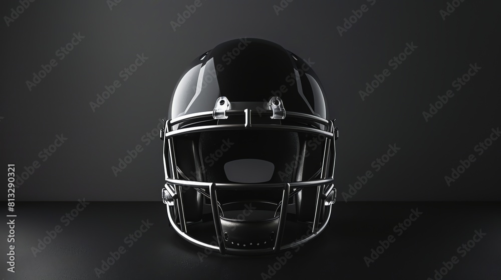 Fototapeta premium A black American football helmet is sitting on a black table. The helmet is new and shiny. The facemask is made of metal and is painted black.