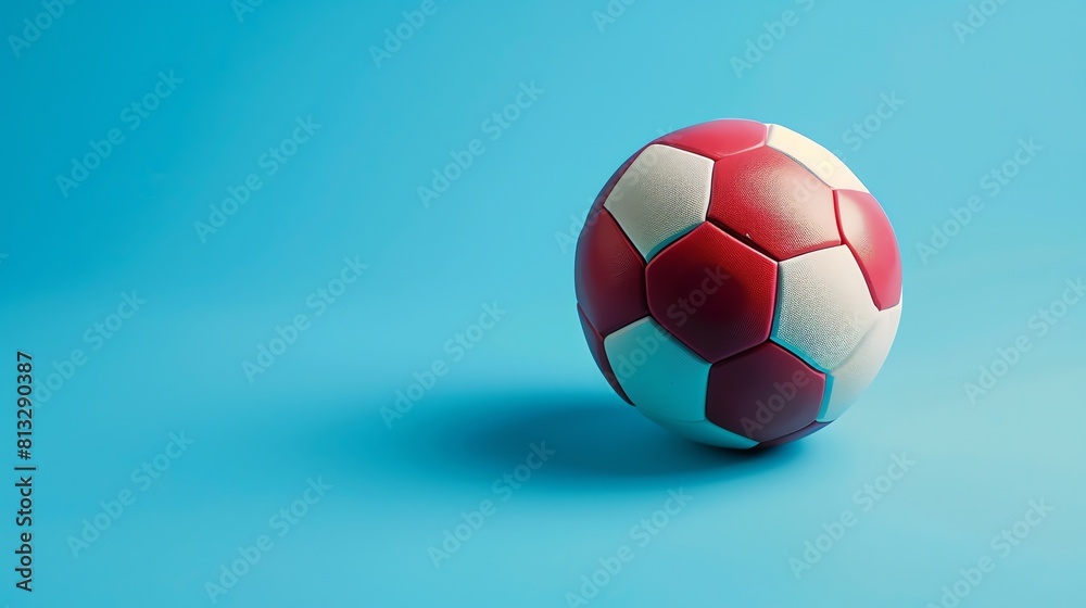 Red and white soccer ball on a blue background. The ball is in focus and the background is blurred.