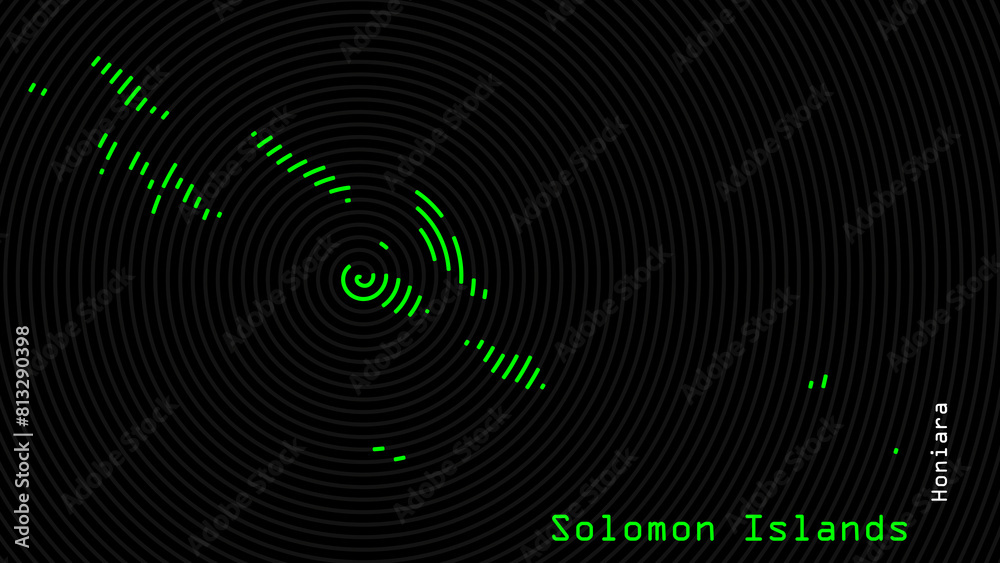 A map of Solomon Islands, with a dark background and the country's outline in the shape of a colored spiral, centered around the capital. A simple sketch of the country.