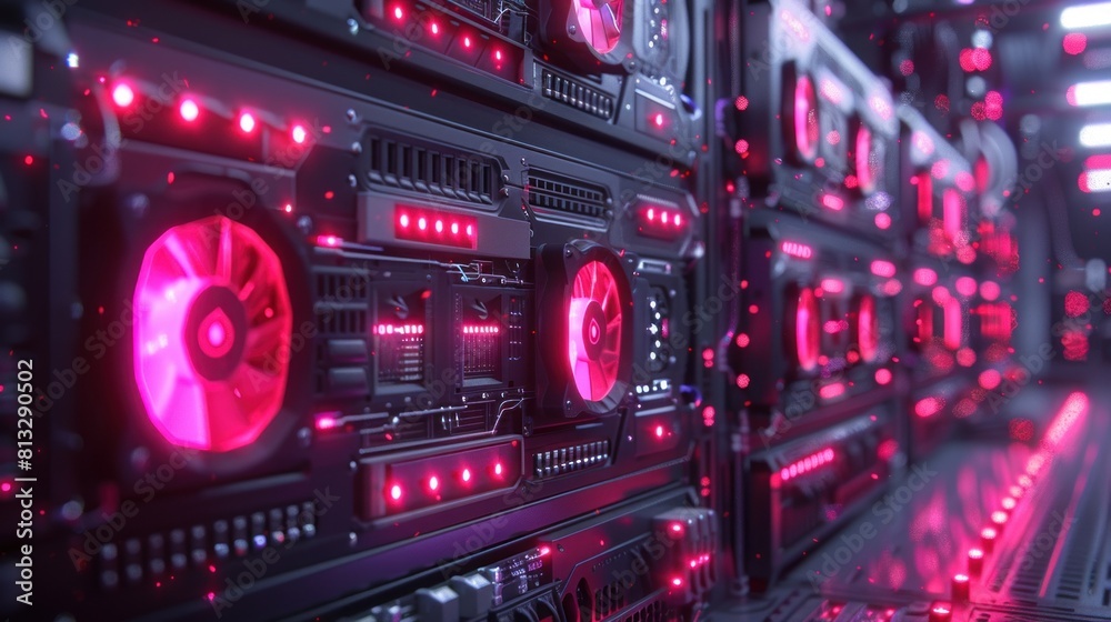crypto mining farm with graphics card or GPU rack. Bitcoin and other cryptocurrency mining farms. GPU graphics card rig for cryptocurrency mining. 3d illustration crypto mining farm with graphics card or GPU rack. Bitcoin and other cryptocurrency mining farms. GPU graphics card rig for cryptocurrency mining. 3d illustration