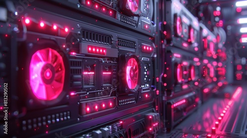 crypto mining farm with graphics card or GPU rack. Bitcoin and other cryptocurrency mining farms. GPU graphics card rig for cryptocurrency mining. 3d illustration © arzaq