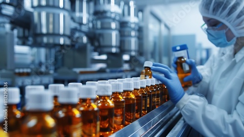 High-definition shot of a pharmacist scientist scrutinizing medical vials for quality assurance in a state-of-the-art pharmaceutical production line.