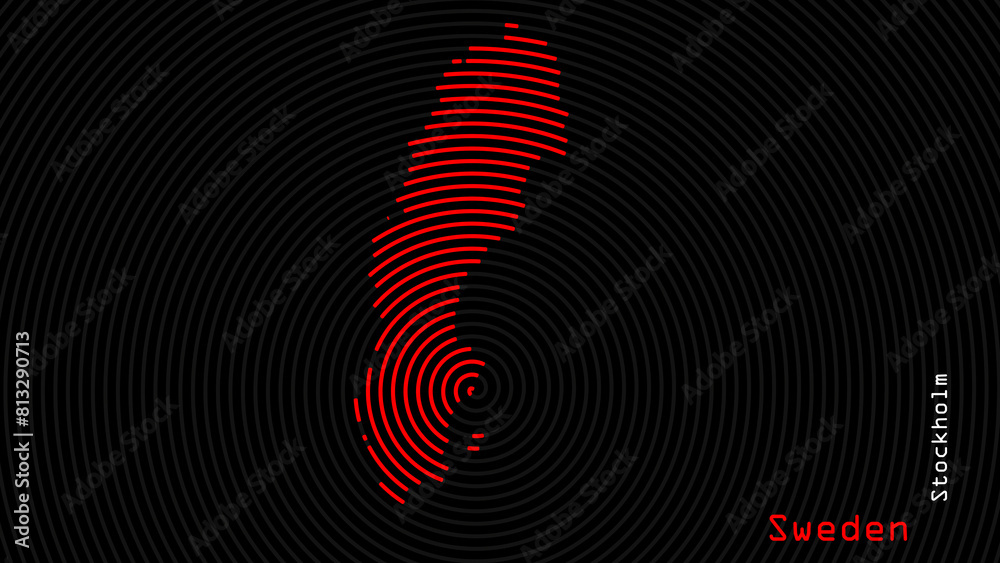 A map of Sweden, with a dark background and the country's outline in the shape of a colored spiral, centered around the capital. A simple sketch of the country. A map of Sweden, with a dark background and the country's outline in the shape of a colored spiral, centered around the capital. A simple sketch of the country.