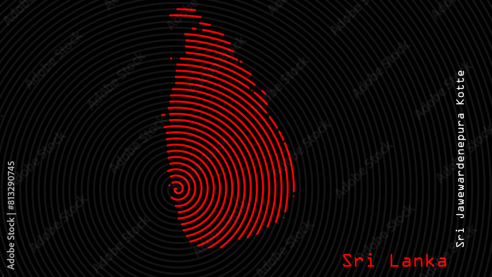 A map of Sri Lanka, with a dark background and the country's outline in the shape of a colored spiral, centered around the capital. A simple sketch of the country. A map of Sri Lanka, with a dark background and the country's outline in the shape of a colored spiral, centered around the capital. A simple sketch of the country.