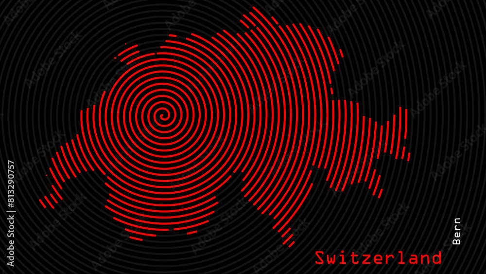 A map of Switzerland, with a dark background and the country's outline in the shape of a colored spiral, centered around the capital. A simple sketch of the country. A map of Switzerland, with a dark background and the country's outline in the shape of a colored spiral, centered around the capital. A simple sketch of the country.