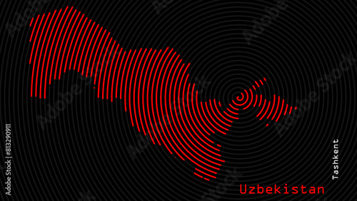 A map of Uzbekistan, with a dark background and the country's outline in the shape of a colored spiral, centered around the capital. A simple sketch of the country.