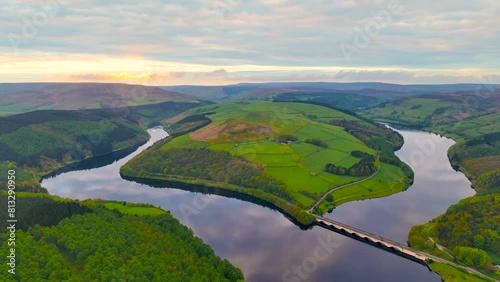 Aerial view of Ladybower Reservoir, a large artificial reservoir, the lowest of three in the Upper Derwent Valley in Derbyshire, England, UK photo
