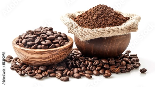 Roasted coffee beans and coffee powder in bowls isolated on white background