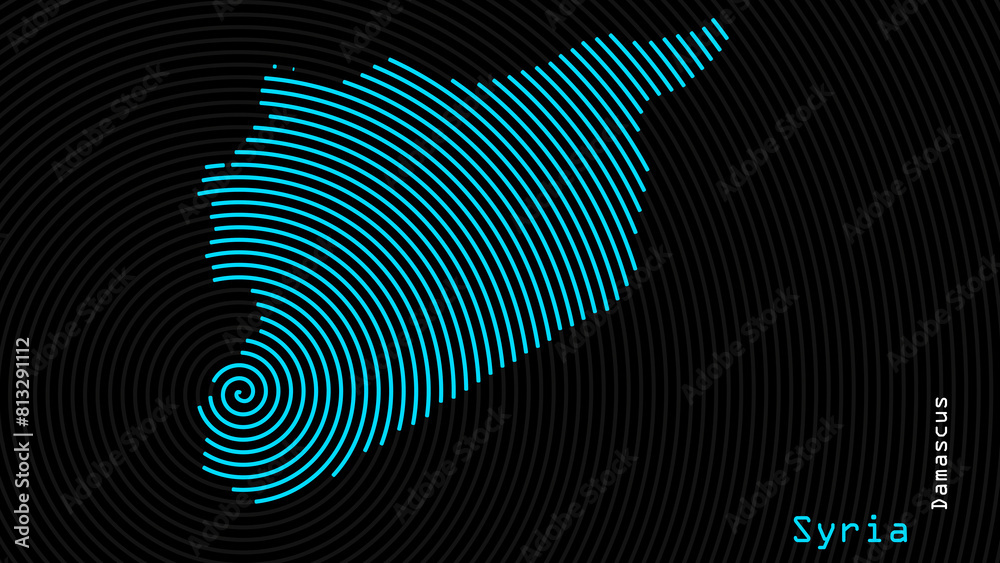 A map of Syria, with a dark background and the country's outline in the shape of a colored spiral, centered around the capital. A simple sketch of the country. A map of Syria, with a dark background and the country's outline in the shape of a colored spiral, centered around the capital. A simple sketch of the country.