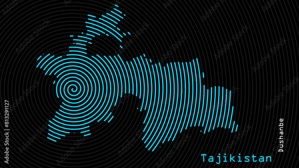 A map of Tajikistan, with a dark background and the country's outline in the shape of a colored spiral, centered around the capital. A simple sketch of the country. A map of Tajikistan, with a dark background and the country's outline in the shape of a colored spiral, centered around the capital. A simple sketch of the country.