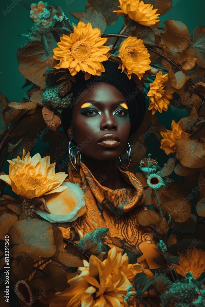 Collaged woman in flower on green background Collaged woman in flower on green background