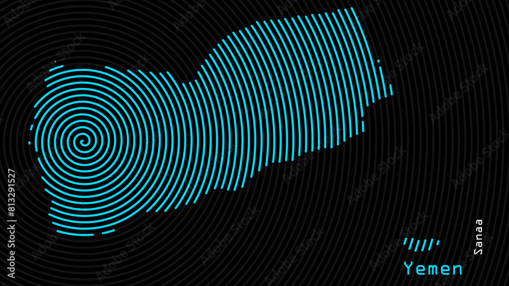 A map of Yemen, with a dark background and the country's outline in the shape of a colored spiral, centered around the capital. A simple sketch of the country. A map of Yemen, with a dark background and the country's outline in the shape of a colored spiral, centered around the capital. A simple sketch of the country.