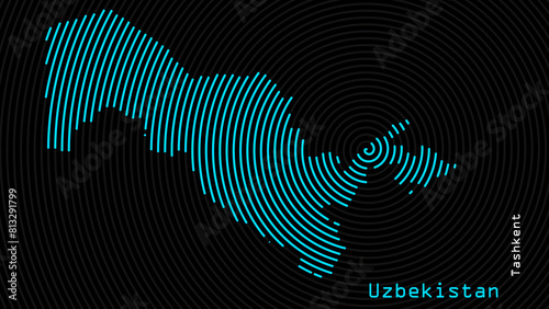 A map of Uzbekistan, with a dark background and the country's outline in the shape of a colored spiral, centered around the capital. A simple sketch of the country.