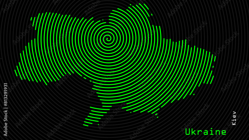 A map of Ukraine, with a dark background and the country's outline in the shape of a colored spiral, centered around the capital. A simple sketch of the country. A map of Ukraine, with a dark background and the country's outline in the shape of a colored spiral, centered around the capital. A simple sketch of the country.