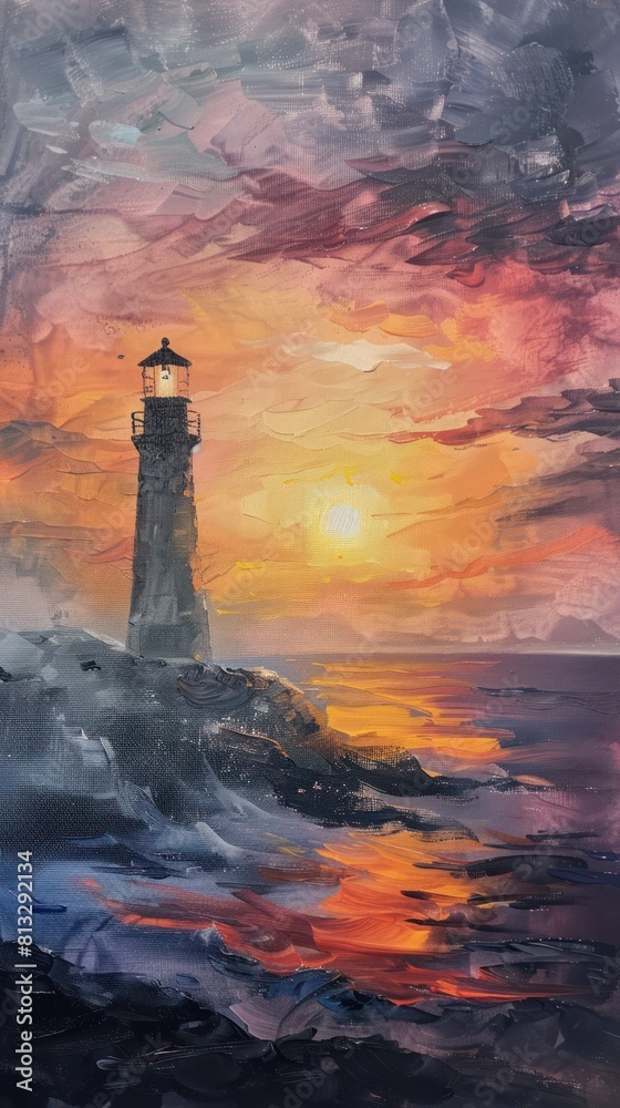 Painting of Lighthouse and Sunset Painting of Lighthouse and Sunset