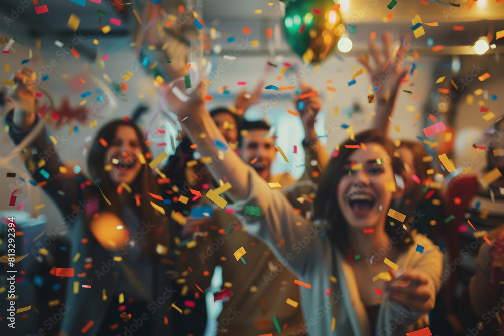 Obraz premium Joyous Office Party: Diverse Colleagues Celebrating with Dynamic Blurred Effect, Laughing, Dancing, and Excited Gestures, Confetti in the Air...