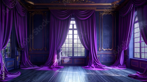 purple hall with curtains