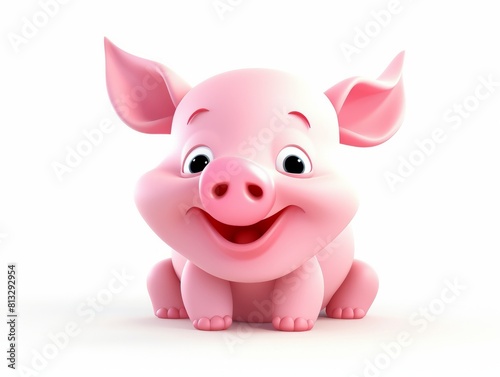 A 3D style imitation cartoon icon of a pink pig sitting with a tail on a white background