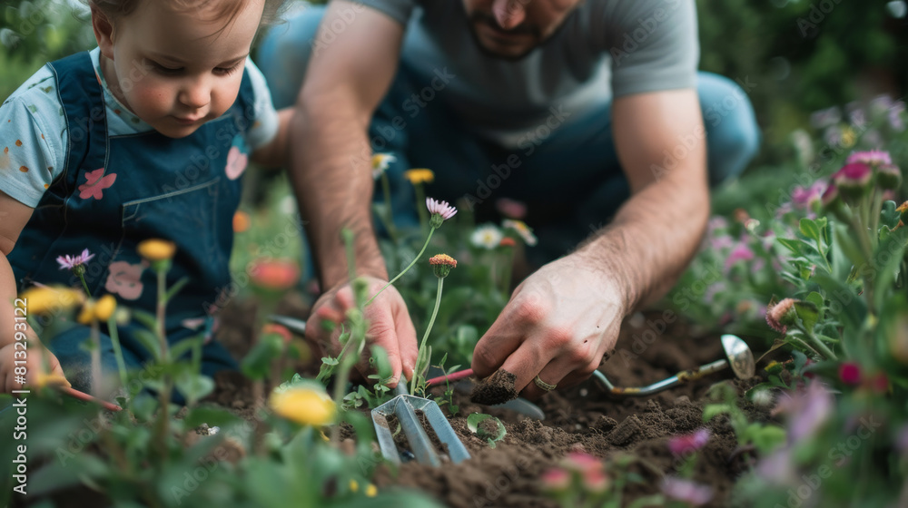 dad and child planting flowers in a garden, close-up of hands with gardening tools and soil dad and child planting flowers in a garden, close-up of hands with gardening tools and soil