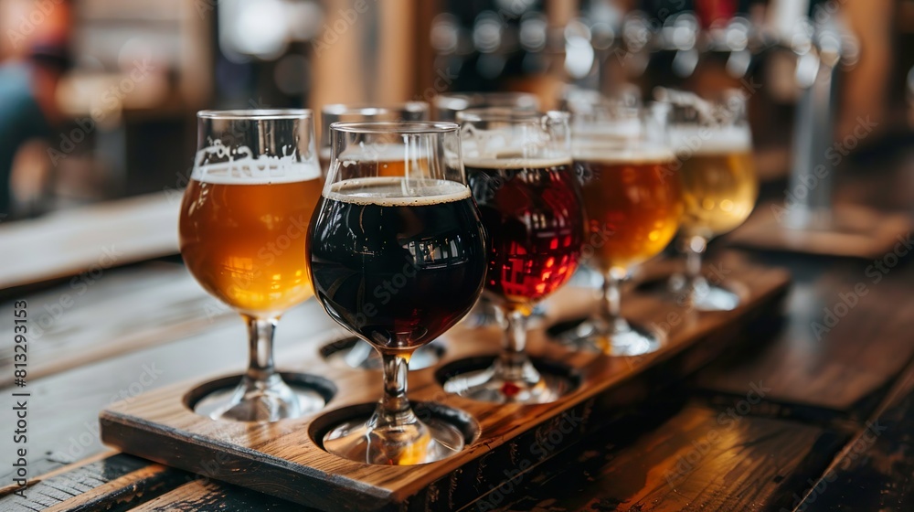 A beer tasting flight with small glasses of different beers, showcasing a range of flavors and colors. A beer tasting flight with small glasses of different beers, showcasing a range of flavors and colors.