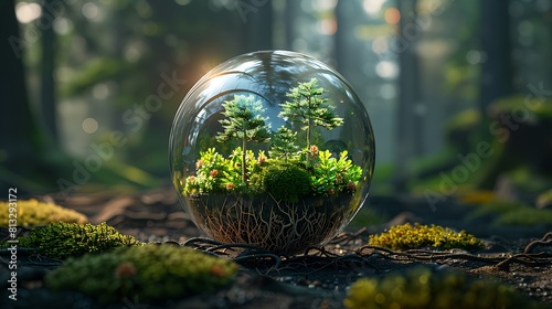 Green tropical tree in the glass ball on the ground in forest environment concept