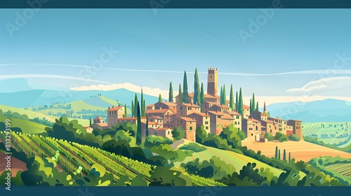 The medieval hilltop town of San Gimignano in Tuscany, surrounded by rolling vineyards and cypress trees under a clear blue sky. photo
