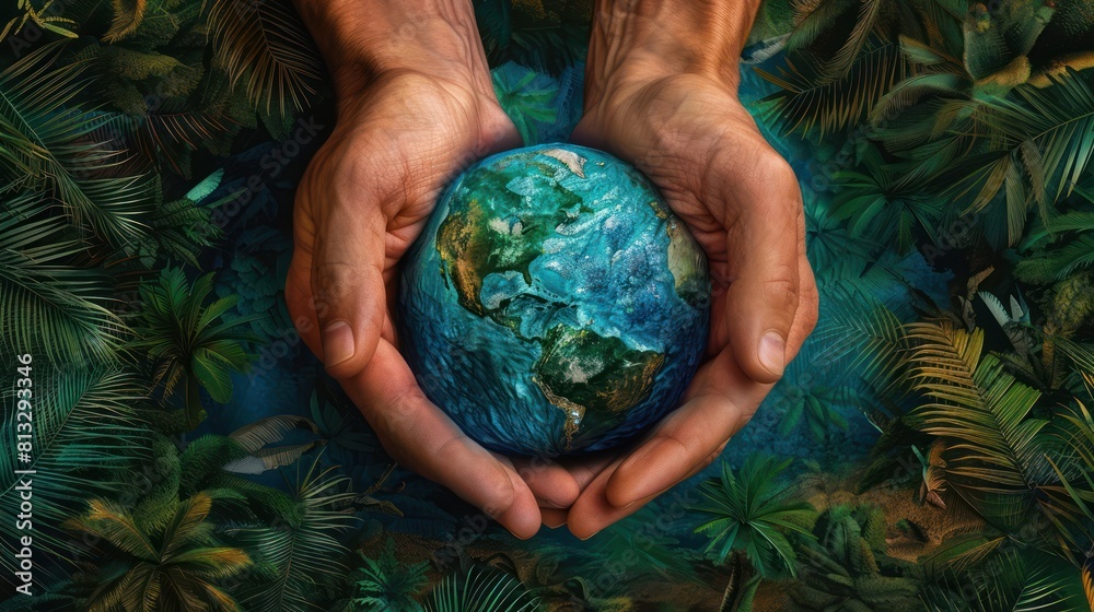 An Environmental protection with hands covering the earth decorated with greenery. Contrasting with the tropical summer landscape Symbol of the importance of ecological conservation