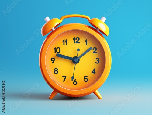 A 3D style imitation cartoon icon of an orange alarm clock placed on a solid blue background