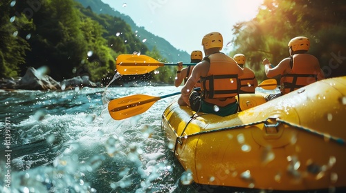 Four people are rafting down a river. They are all wearing life jackets and helmets. The water is rough, and the raft is bouncing up and down. © Galib