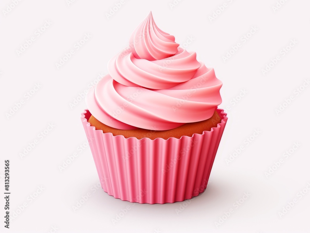 A 3D-style imitation cartoon icon of a pink cupcake with frosting on a white background A 3D-style imitation cartoon icon of a pink cupcake with frosting on a white background