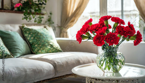 Vase of red carnations in the living room