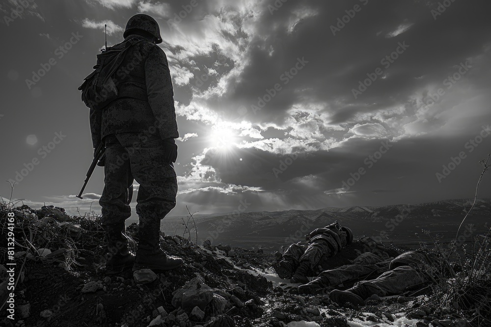An emotional photo of a soldier from the Second Great War: a tragic wartime experience, a compelling portrait reflecting the depth of suffering and heroism in the struggle for freedom. An emotional photo of a soldier from the Second Great War: a tragic wartime experience, a compelling portrait reflecting the depth of suffering and heroism in the struggle for freedom.